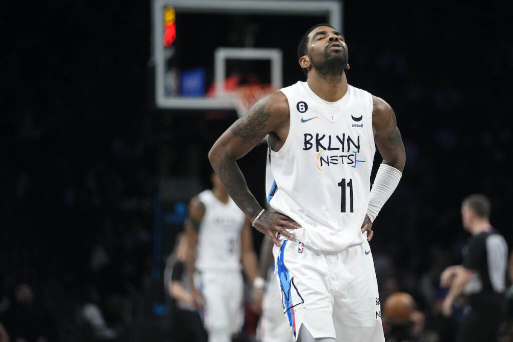 Nets Irving Trade Basketball Brooklyn Nets' Kyrie Irving reacts during the second half of the team's NBA basketball game against the Detroit Pistons