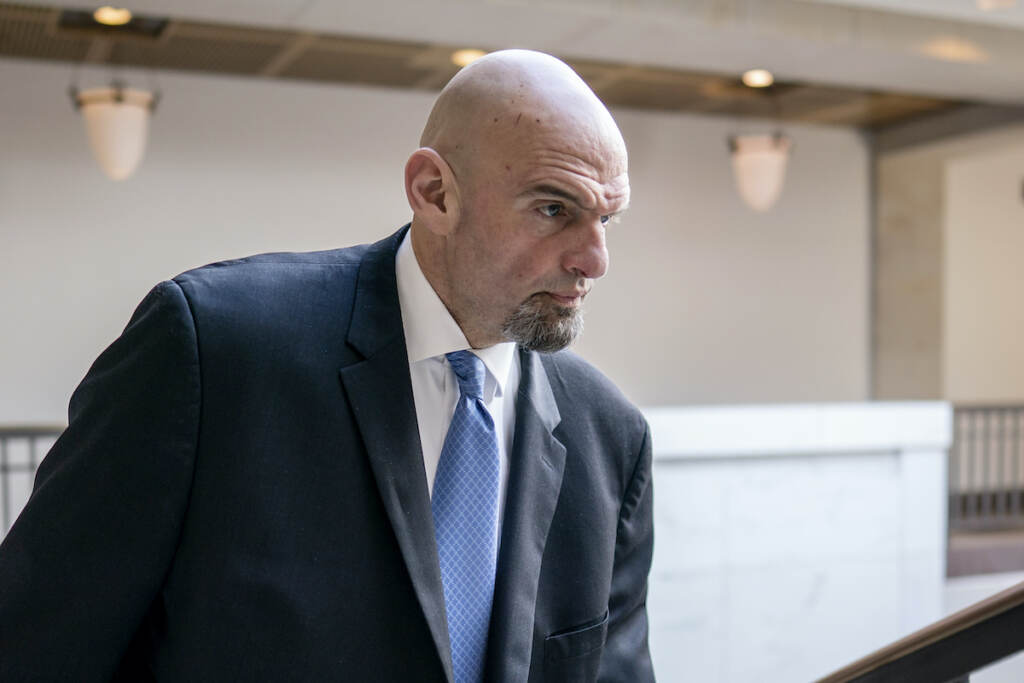 John Fetterman Sen. John Fetterman, D-Pa., leaves an intelligence briefing on the unknown aerial objects the U.S. military shot down this weekend at the Capitol in Washington, Feb. 14, 2023