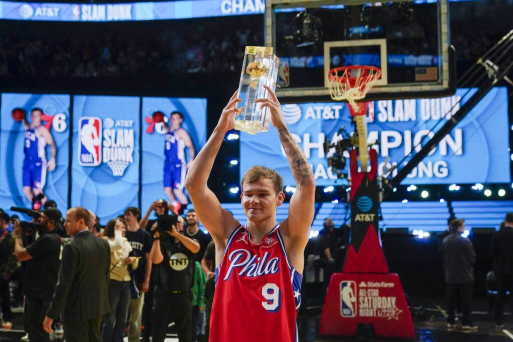 All Star Weekend Basketball Mac McClung of the Philadelphia 76ers reacts after winning the slam dunk competition of the NBA basketball All-Star weekend