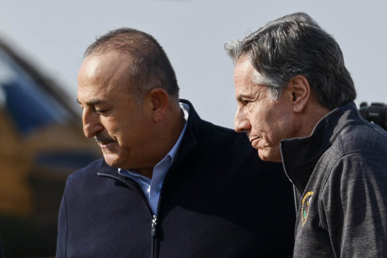 U.S. Secretary of State Antony Blinken is greeted by Turkish Foreign Minister Mevlut Cavusoglu, at Incirlik Air Base near Adana, Turkey