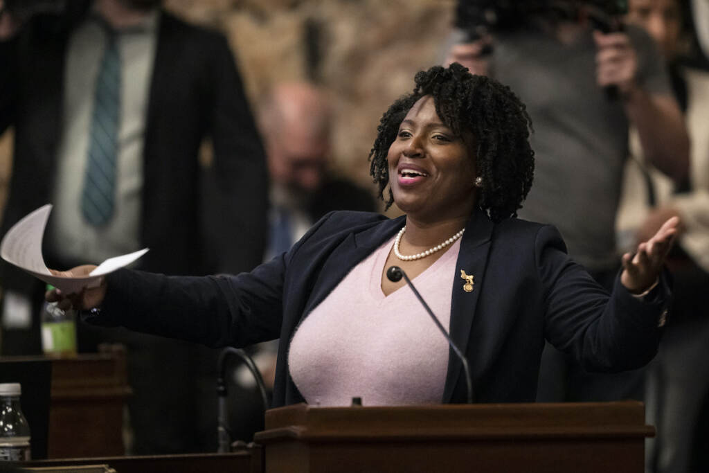 Pennsylvania Legislature Pennsylvania House Majority Leader Joanna McClinton, D-Philadelphia, speaks on the Pennsylvania House floor, Tuesday, Feb. 21, 2023 at the Pennsylvania Capitol in Harrisburg