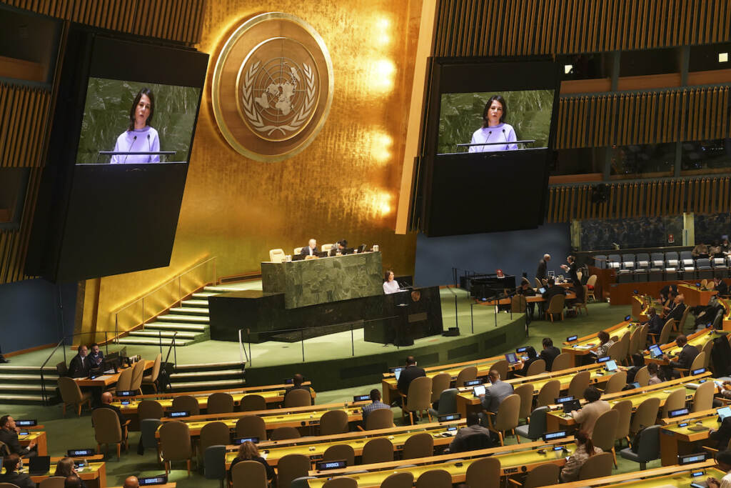 United Nations General Assembly-Ukraine Germany's foreign minister Annalena Baerbock address the United Nations General Assembly before a vote for a U.N. resolution upholding Ukraine's territorial integrity and calling for a cessation of hostilities after Russia's invasion, Thursday Feb. 23, 2023 at U.N. headquarters