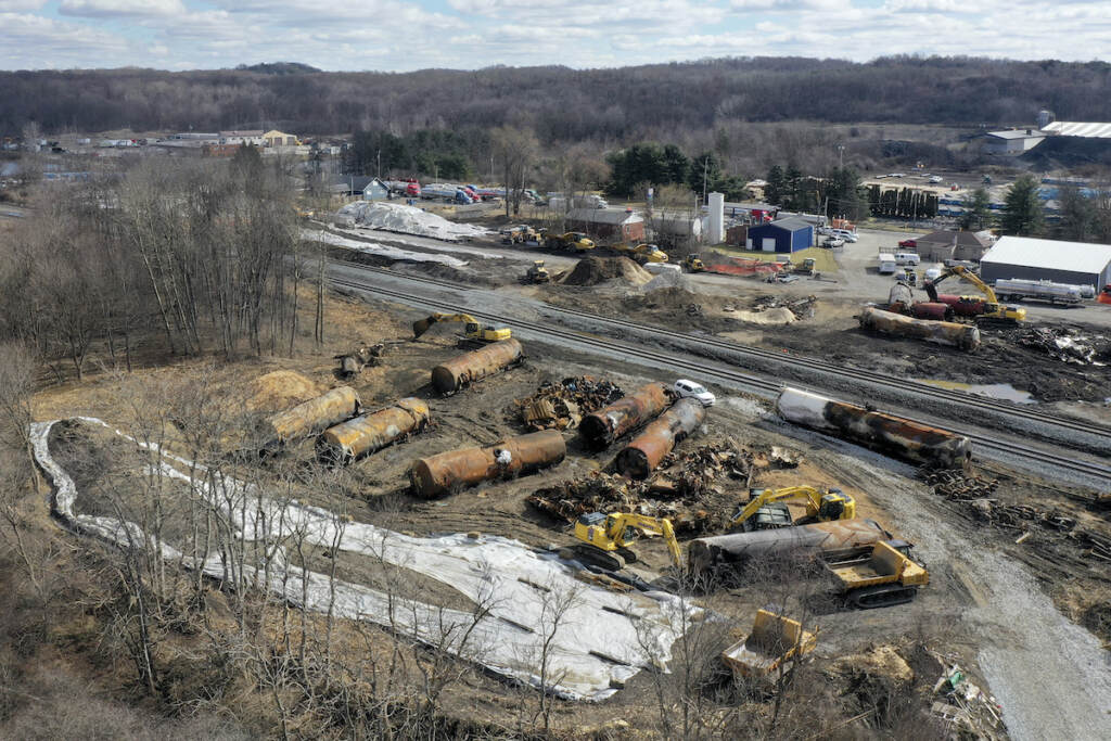 A view of the scene Friday, Feb. 24, 2023, as the cleanup continues at the site of of a Norfolk Southern freight train derailment that happened on Feb. 3 in East Palestine, Ohio