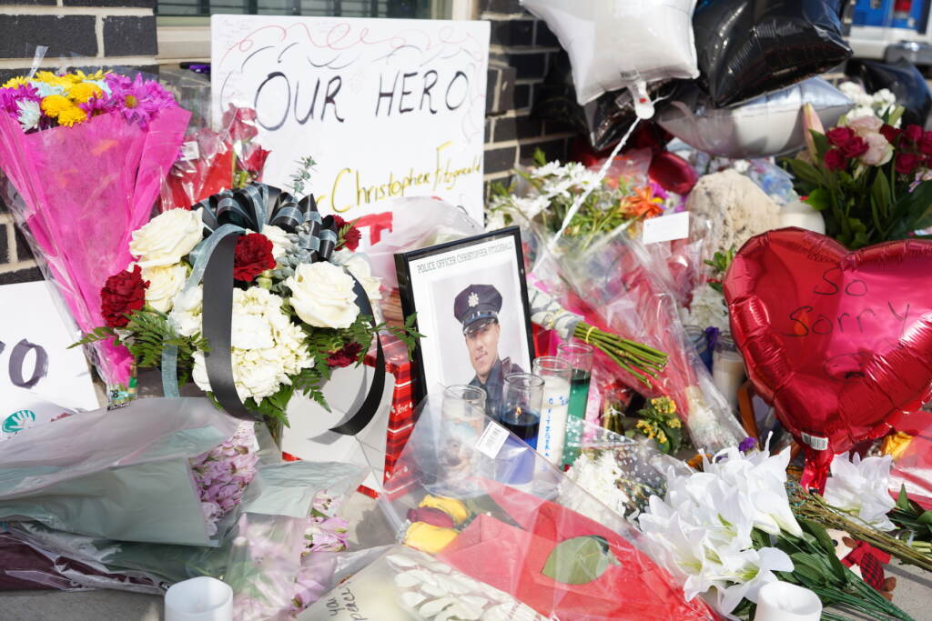 Closeup of Fitzgerald’s memorial A memorial to Officer Christopher Fitzgerald. (Kenny Cooper/WHYY)