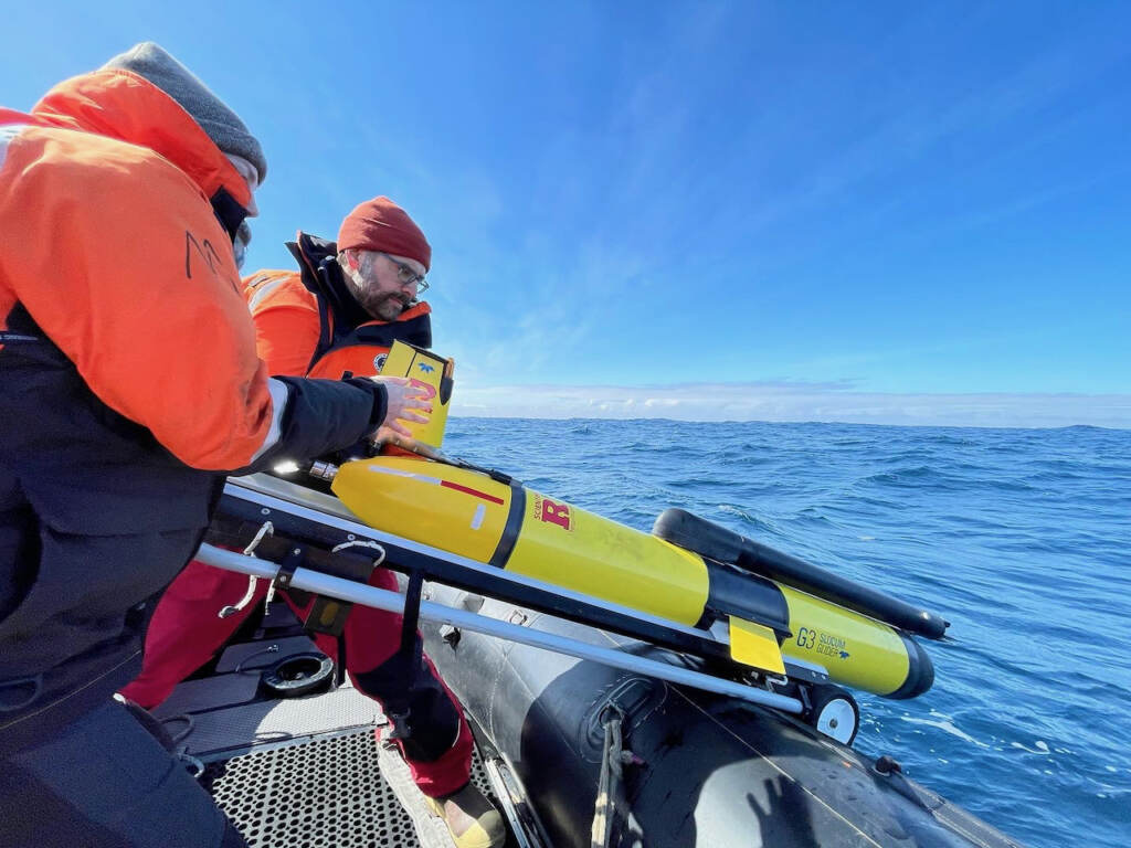 Credit Nicole Waite – Rutgers University Graduate student Rike Benz (left) and associate professor Carlos Moffat (right) prepare to deploy an ocean glider off the coast of the west Antarctic Peninsula. (Courtesy of Nicole Waite)