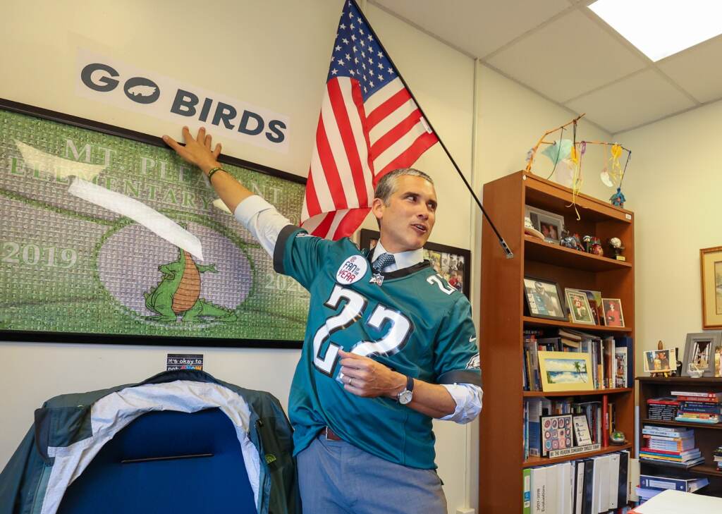 Go birds matt use The Eagles sticker occupies a prime spot in principal Auerbach's office. (Brandywine School District)