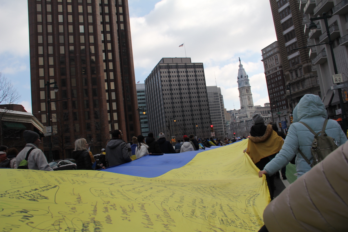 A Ukrainian flag measuring more than 60 meters was unveiled at the steps of the Philadelphia Museum of Art and was shown throughout Center City