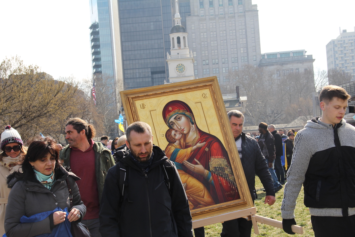 Hundreds of Ukrainian supporters marched throughout Center City on Sunday, ending up at Independence Hall