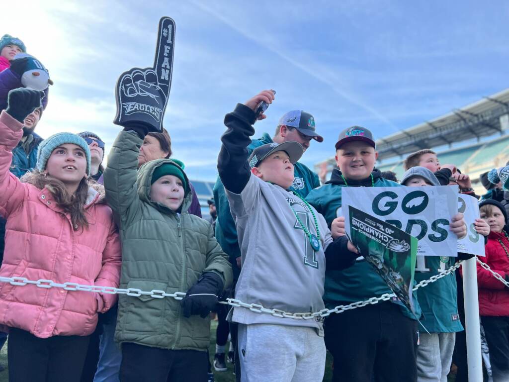 Eagles fans get fired up during the Eagles Super Bowl Send-off Party as they await the arrival of players and coaches Eagles fans get fired up during the Eagles Super Bowl Send-off Party as they await the arrival of players and coaches