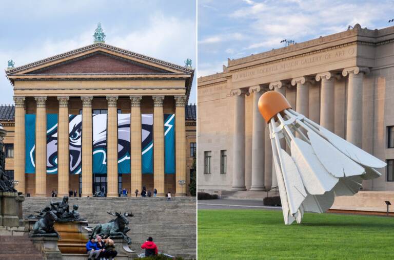 The fronts of the buildings of the Philadelphia Museum of Art and the Nelson-Atkins Museum of Art in Kansas City, Mo.