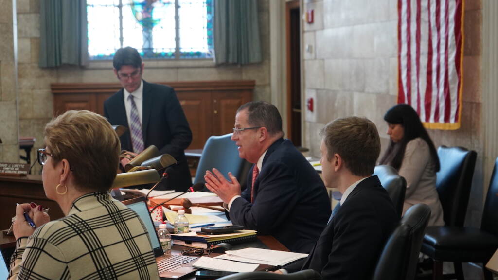 Senator Stack speaks at Sen. Judiciary Hearing Sen. Brian Stack (D-Hudson) speaks on a bill that would increase penalties for fentanyl-related crimes in New Jersey. (Tennyson Donyéa/WHYY)