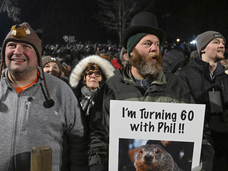 Rory Szwed, left, and Kent Rowan watch the festivities while waiting for Punxsutawney Phil to make his prediction at Gobbler's Knob in Punxsutawney, Pa., early Thursday morning. (Barry Reeger/AP)