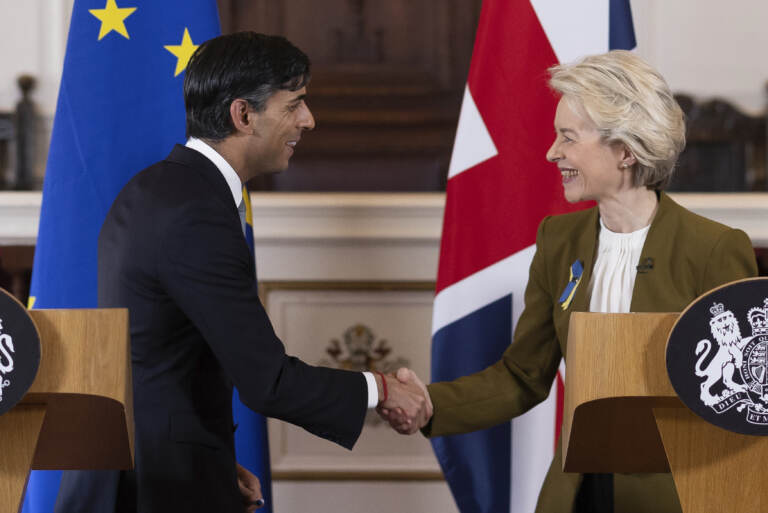 British Prime Minister Rishi Sunak (left) and European Commission President Ursula von der Leyen shake hands after a news conference at Windsor Guildhall, Windsor, England, Monday. The U.K. and the European Union ended years of wrangling, sealing a deal to resolve a dispute over Northern Ireland. (Dan Kitwood/AP)