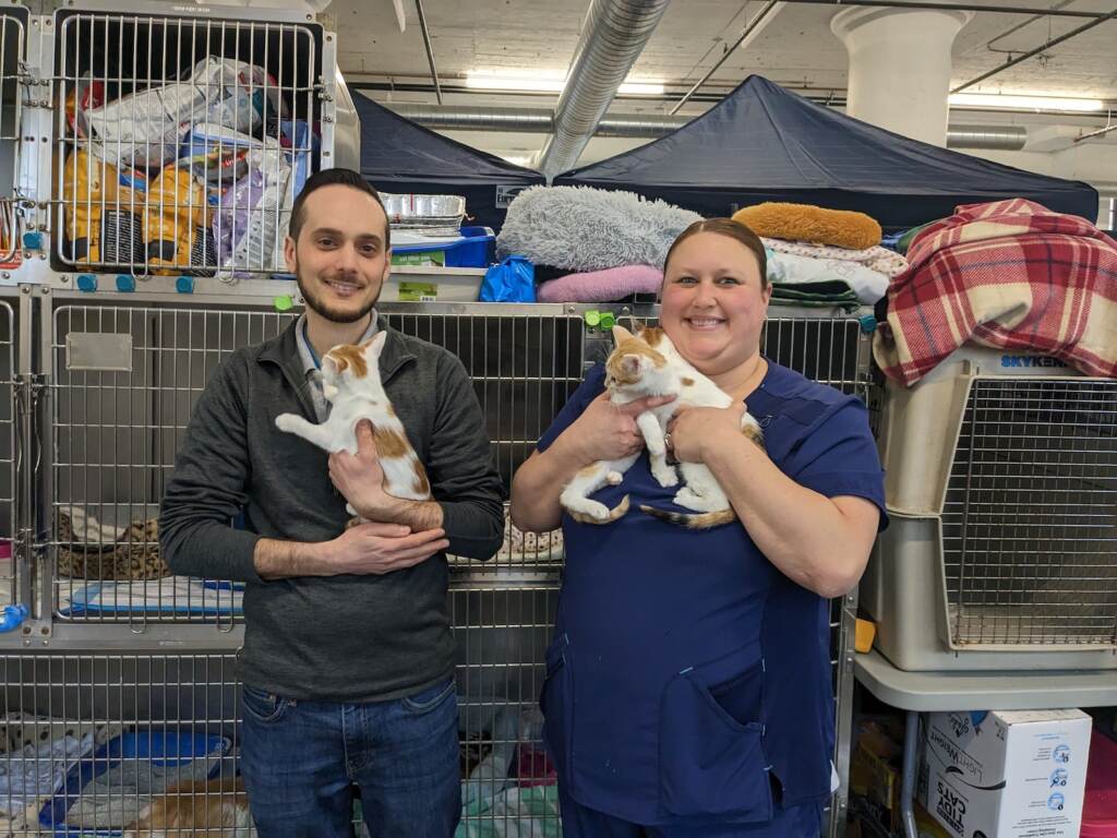 chase-miller-kim-hartzell-bridge-clinic-philly-EE-022323 Chase Miller (left) and Kim Hartzel hold up kittens at an animal shelter