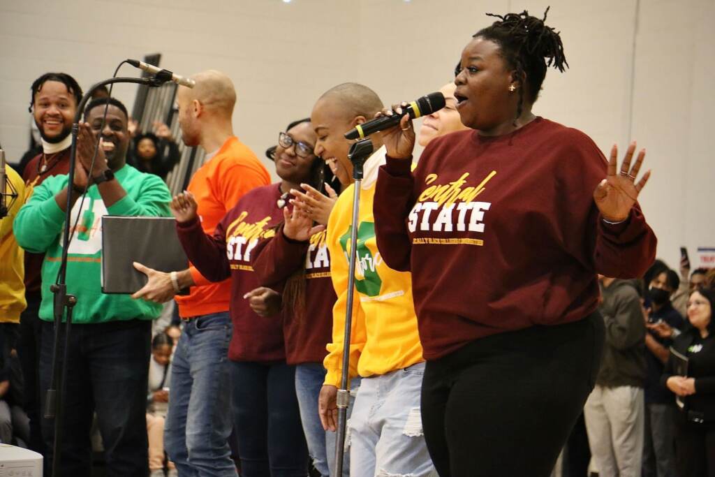 cristo-rey-hs-hbcu-concert-e-lee-2023-02-24-13 Members of the Jeremy Winston Chorale perform at Cristo Rey High School to promote the HBCU to be held at The Mann this spring. (Emma Lee/WHYY)