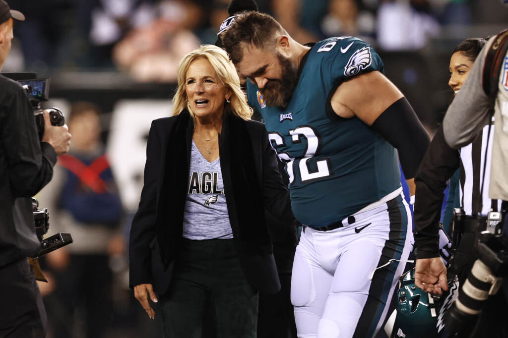 Jill Biden Sports Fan First lady Jill Biden talks with Philadelphia Eagles center Jason Kelce