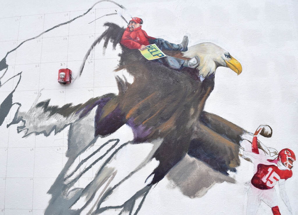 eagles-mural-1 A mural shows a bald eagle grabbing Chiefs player Mahomes while coach Andy Reid is caught in the wings.