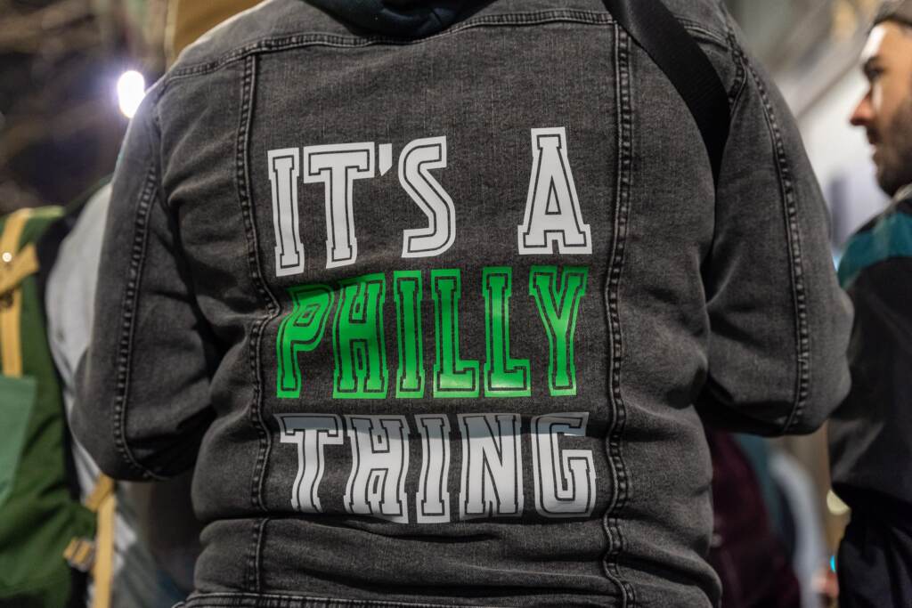 eagles-nfc-celebration-broadst-10-scaled The Eagles' playoff slogan was easy for fans to adopt. (Nathan Morris for Billy Penn)
