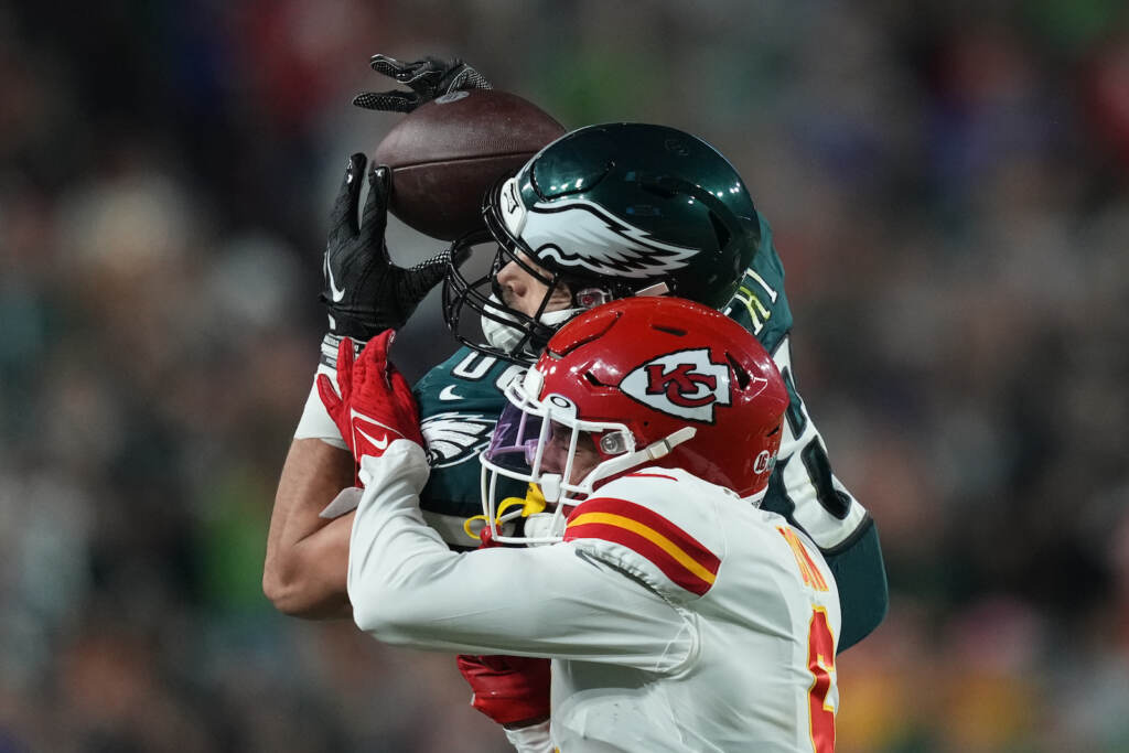 Super Bowl Football Philadelphia Eagles tight end Dallas Goedert (88) catches a pass as Kansas City Chiefs safety Bryan Cook (6) defends during the second half of Super Bowl LVII