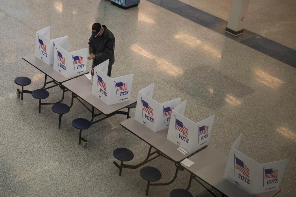 election-day-bucks-spotlight-pa A man votes in a 2020 Bucks County special election. This week, there will be three Allegheny County special elections. (Tyger Williams/Spotlight PA)