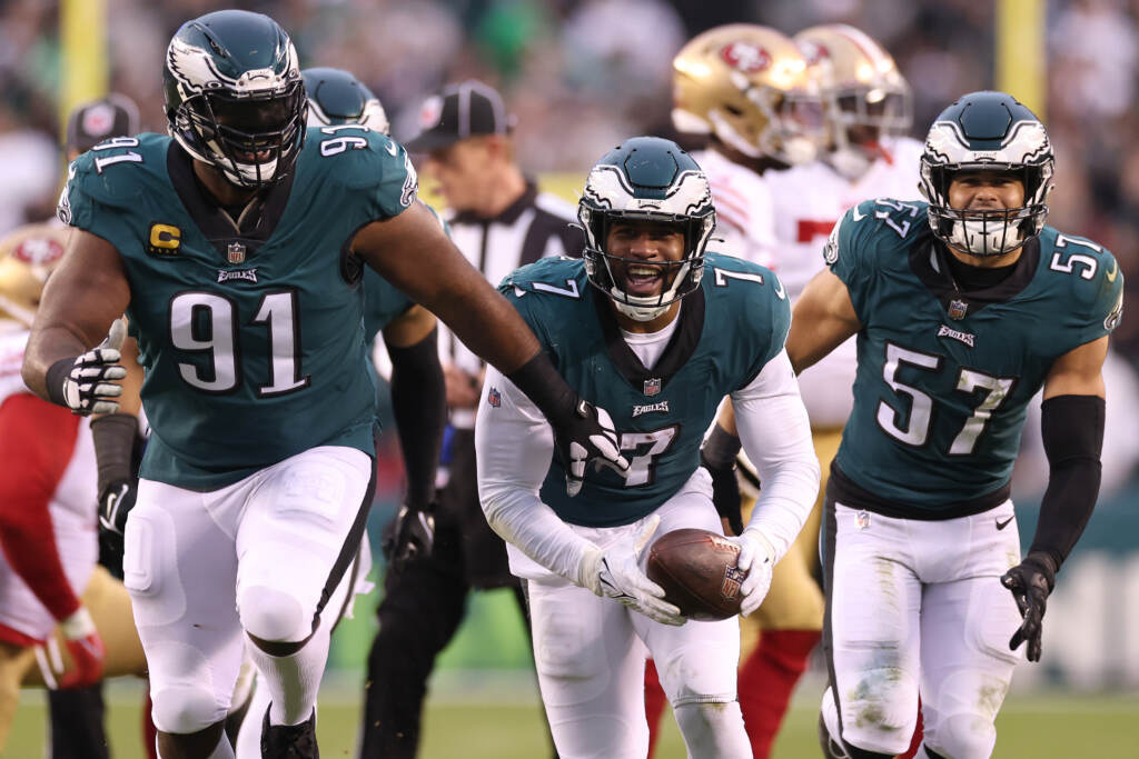 The Philadelphia Eagles’ Haason Reddick, #7, celebrates after recovering a fumble in the NFC title game. The Philadelphia Eagles' Haason Reddick, #7, celebrates after recovering a fumble in the NFC title game.