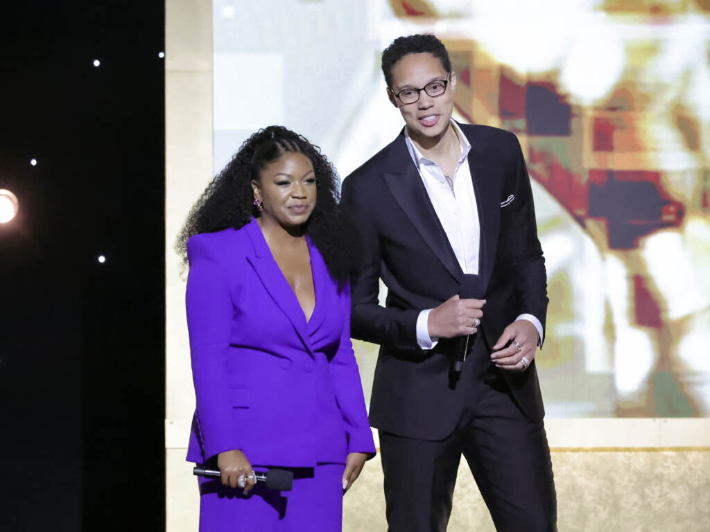 Cherelle Griner, on the left, and Brittney Griner, on the right, speak onstage during the 54th NAACP Image Awards in Pasadena, Calif., on Saturday. Cherelle Griner (left) and Brittney Griner, on the right, speak onstage during the 54th NAACP Image Awards in Pasadena
