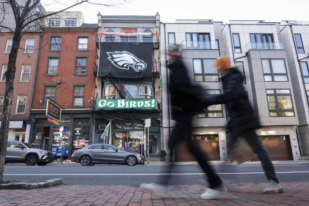 Eagles Football An Eagles banner hangs on a building in Philadelphia