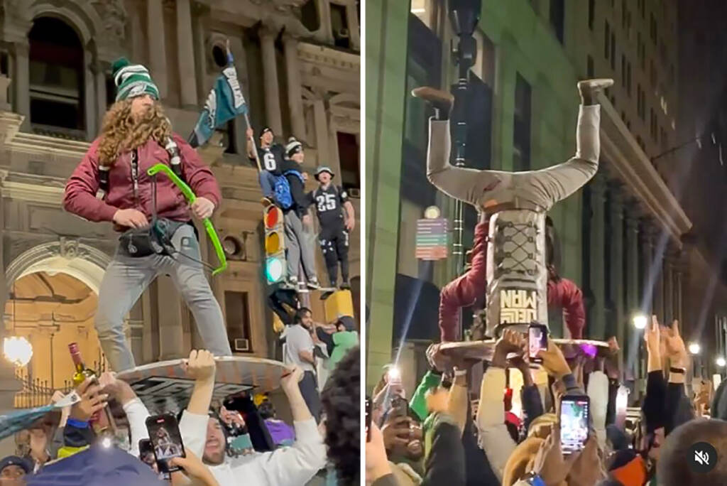 jelloman-crowdsurfing-eagles Paul Vile, aka the Jelloman, thrilled crowds celebrating the Eagles NFC Championship win with his crowdsurfing, jello-shot-launching antics (Instagram/@jellomanphilly)