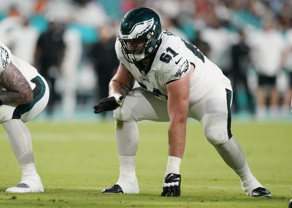 joshsills-eagles-scaled Eagles guard Josh Sills, shown here in an August 2022 preseason game, has been indicted on rape and kidnapping charges. (AP Photo/Wilfredo Lee)