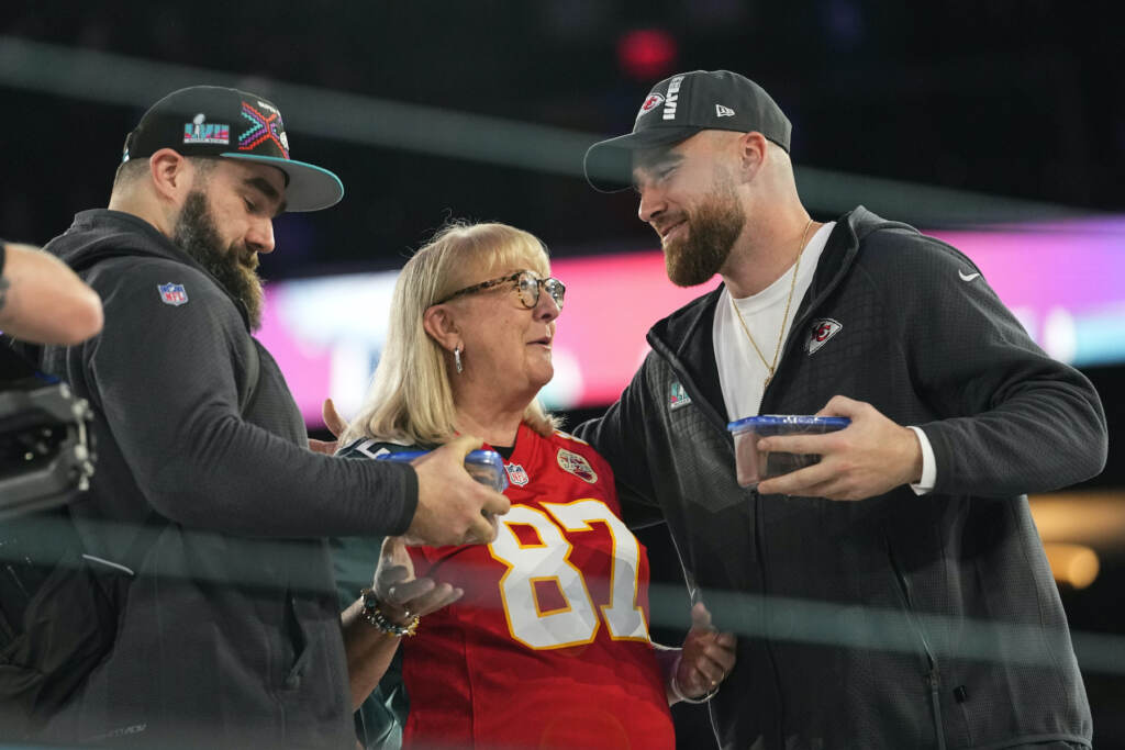 Super Bowl Football Donna Kelce with her two NFL playing sons