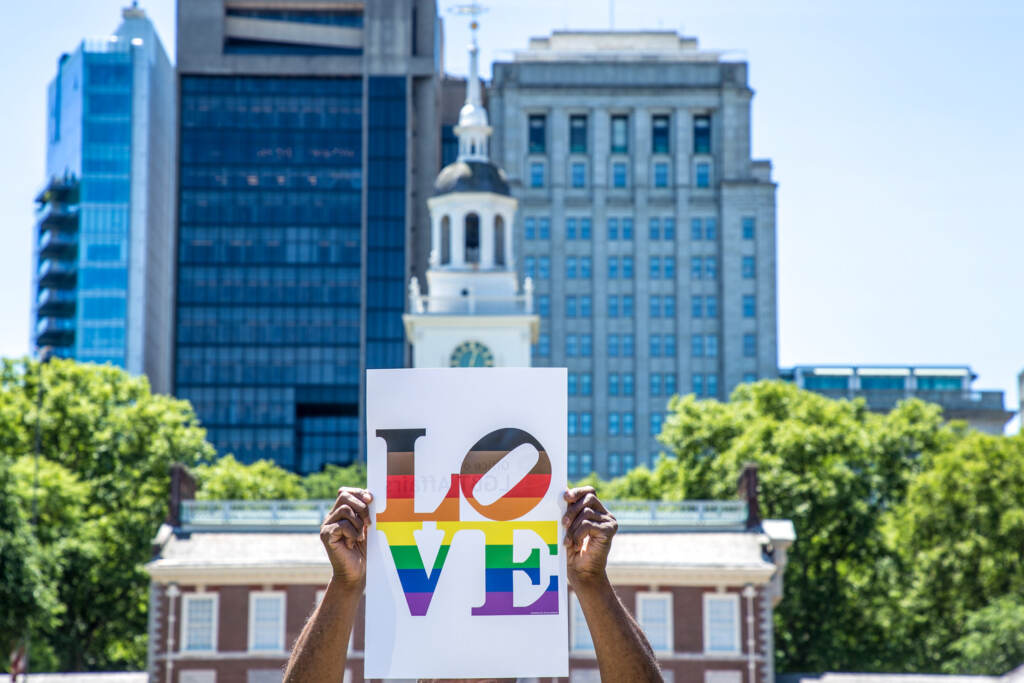 love-lgbtq-independencehall LGBTQ LOVE sign held up outside of Independence Hall