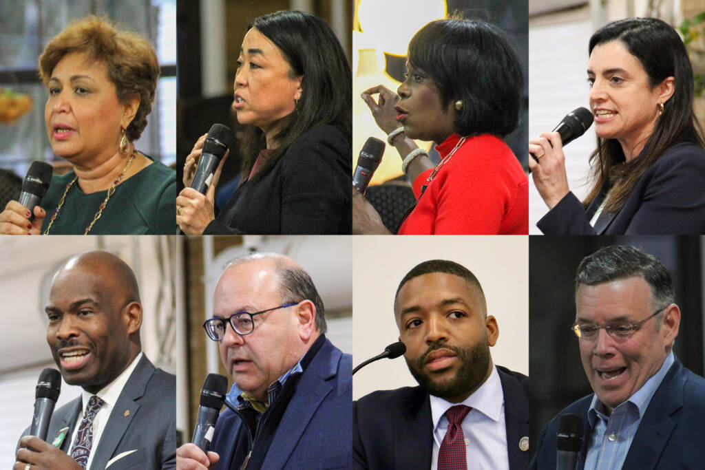 Eight of the Democratic contenders for Philadelphia mayor. (Cory Sharber/WHYY)