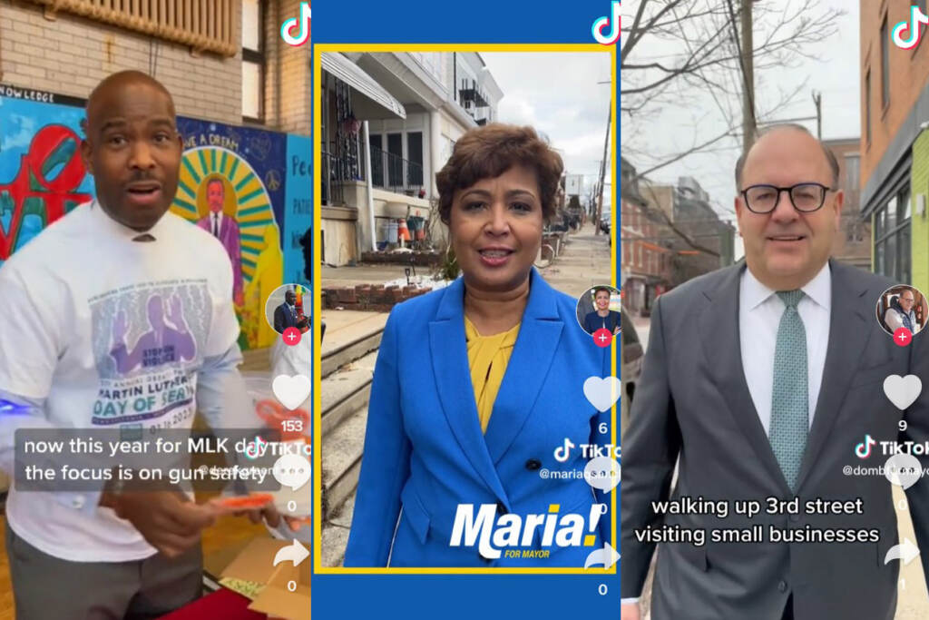 Screenshots from candidate TikTok accounts: Derek Green, Maria Quiñones Sánchez, Allan Domb