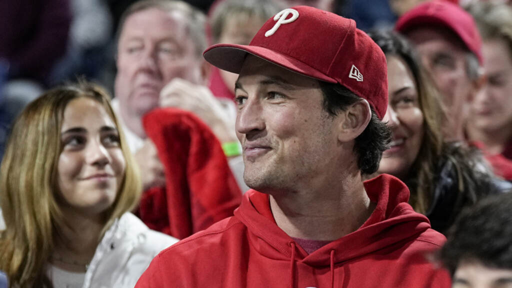 NLCS Padres Phillies Baseball Actor, Miles Teller watches during the fourth inning in Game 3 of the baseball NL Championship Series between the San Diego Padres and the Philadelphia Phillies on Friday, Oct. 21, 2022, in Philadelphia. (AP Photo/Brynn Anderson)