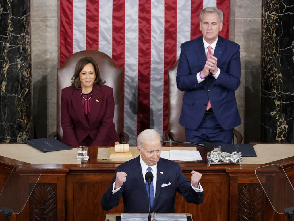 State of the Union Vice President Kamala Harris and Speaker of the House Kevin McCarthy of Calif., listen as President Joe Biden delivers his State of the Union address to a joint session of Congress at the Capitol
