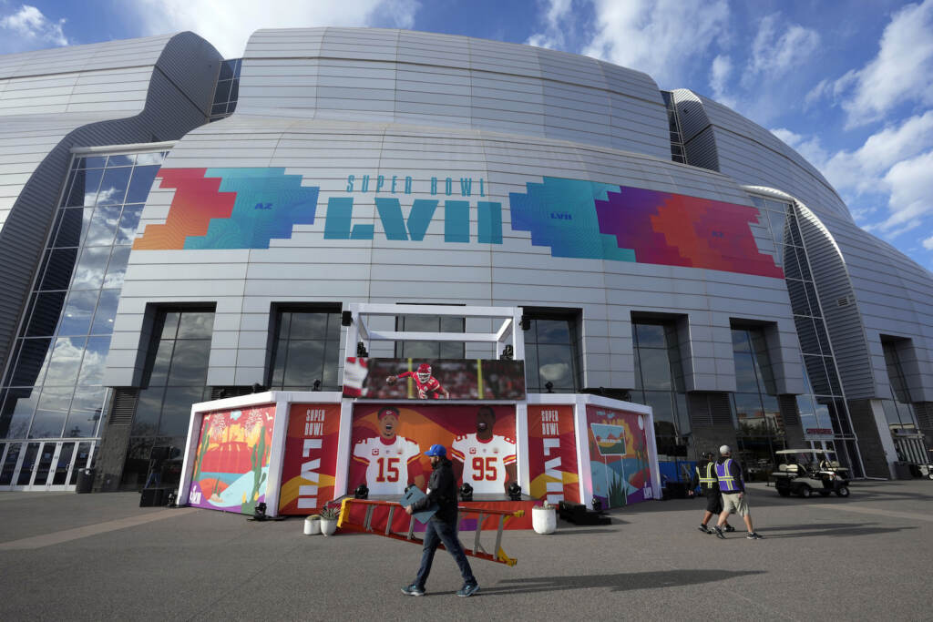 Super Bowl Football State Farm Stadium is decorated ahead of Super Bowl LVII in Glendale