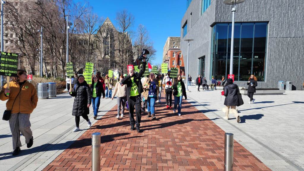 temple-strike-t-macdonald-2023-02-14 Striking grad student teachers walk on Temple's campus.