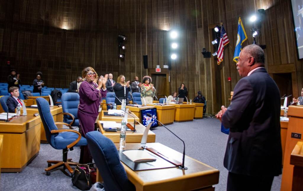 City Council members applaud Vincent White (right) after he was sworn in last week