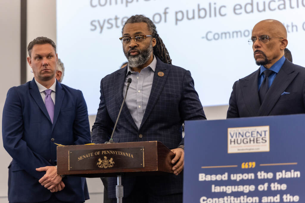 Reginald Streater, Philadelphia School Board President, spoke in support of Pa. State Senator Vincent Hughes plan to fully fund the districts' schools at a press conference