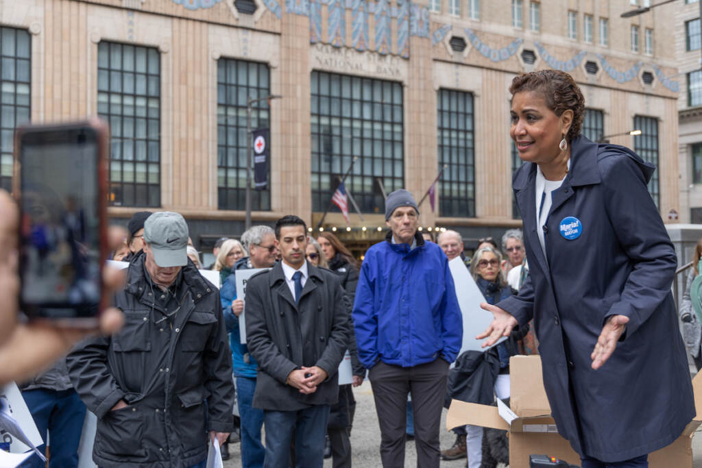 Philadelphia Mayoral Candidate Maria Quiñones Sánchez joined a protest against bill 220229 that would mandate automatic sprinklers systems in high-rise building, outside City Hall