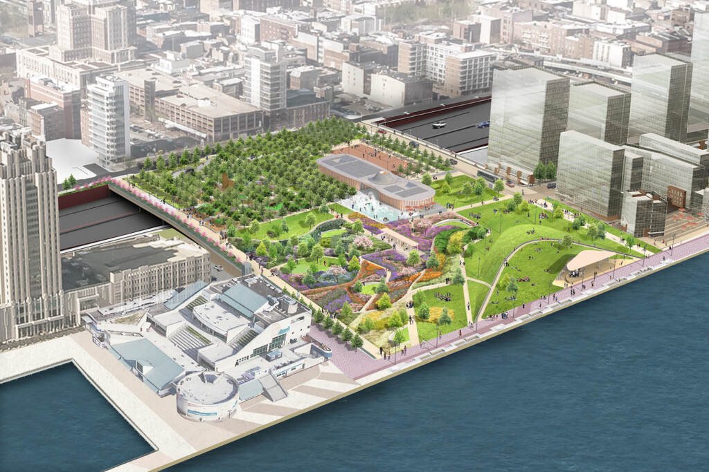 2021-09-29-06-aerial-alt2-existing-esplanade-drwc Rendering of the aerial view of the new park at Penn's Landing. (HargreavesJones)
