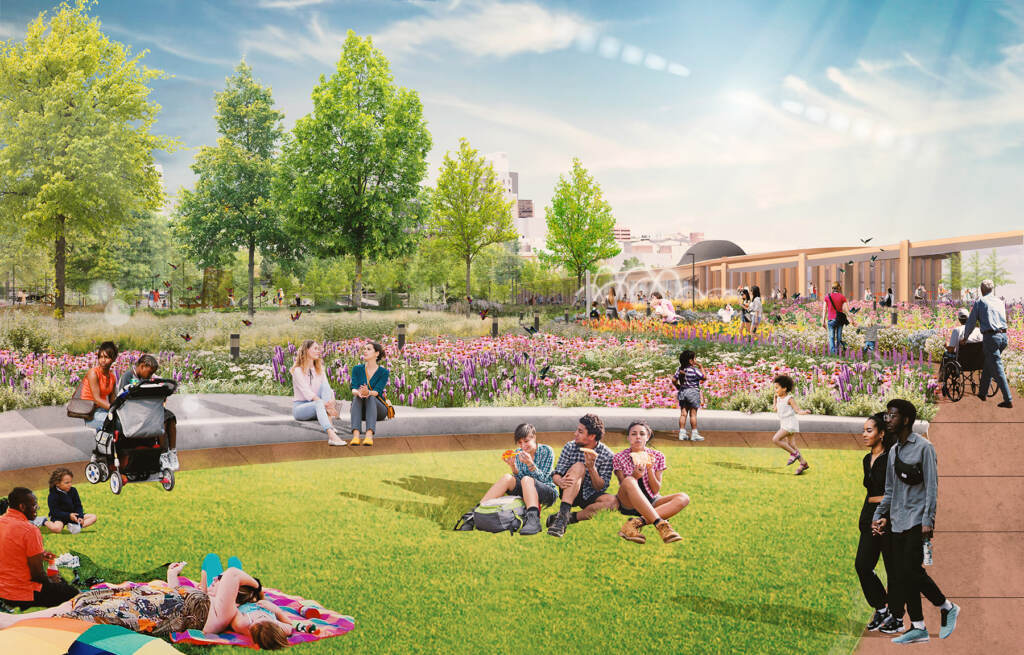 A rendering of Knight Commons at the proposed park on top of I-95 cap.