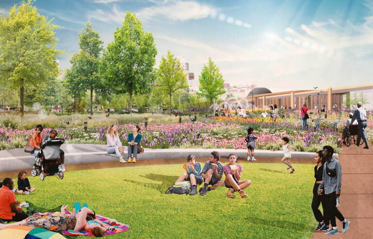 A rendering of Knight Commons at the proposed park on top of I-95 cap.