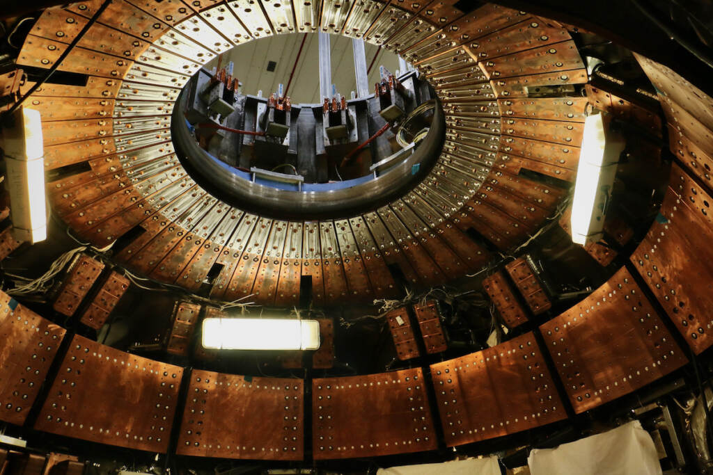 Without its central core, the torus looks like a sphere with a hole in the top. When completed, the interior will be lined with carbon tiles.