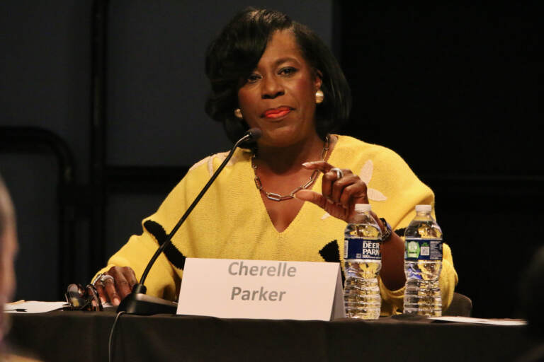 File photo: Mayoral candidate Cherelle Parker participates in the Restoring Safety Forum at WHYY. (Emma Lee/WHYY)