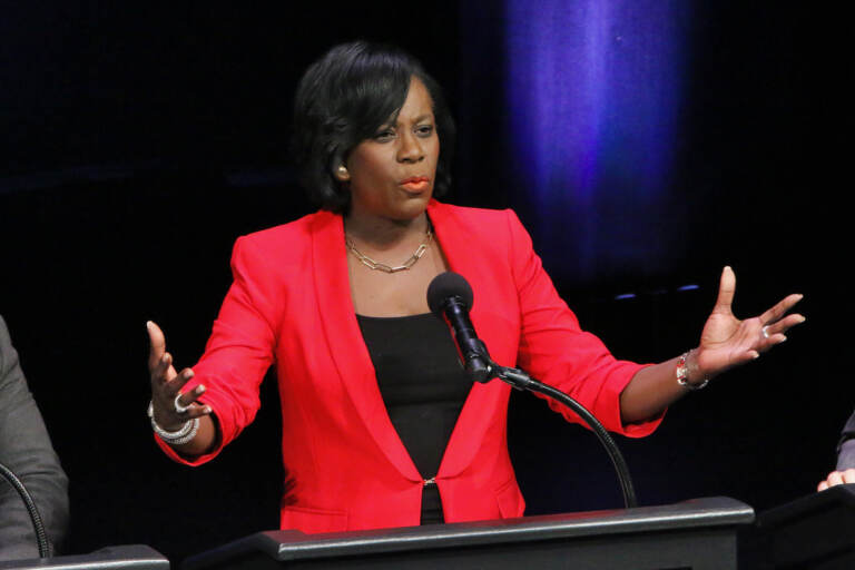 Mayoral candidate Cherelle Parker answers a question during a forum on the performing arts and cultural economy at the Kimmel Center. (Emma Lee/WHYY)