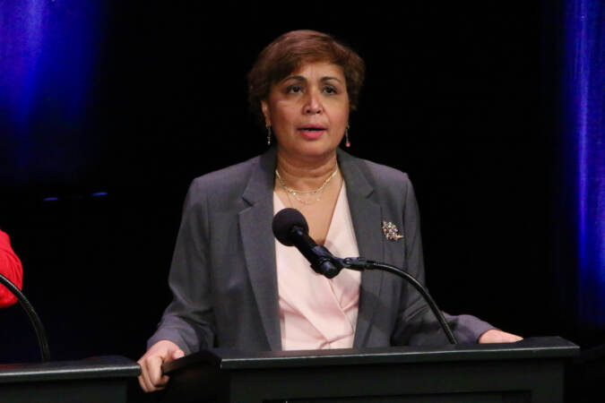 Mayoral candidate Maria Quiñones Sánchez answers a question during a forum on the performing arts and cultural economy at the Kimmel Center. (Emma Lee/WHYY)