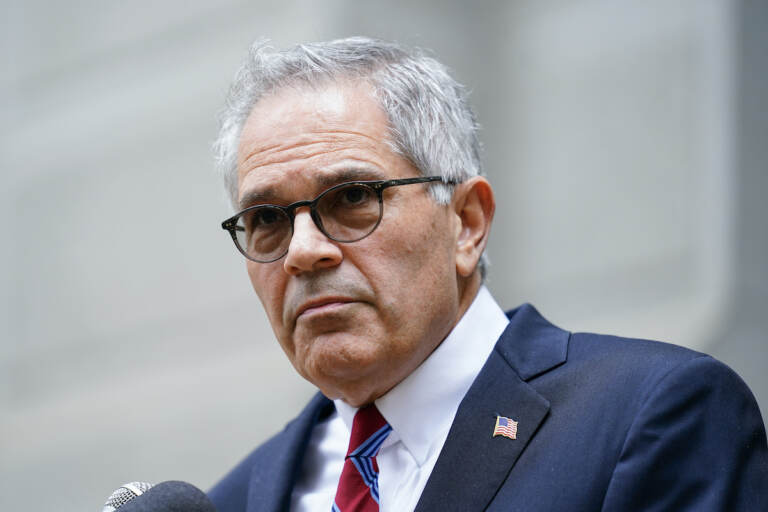 Philadelphia District Attorney Larry Krasner speaks with members of the media during a news conference in Philadelphia