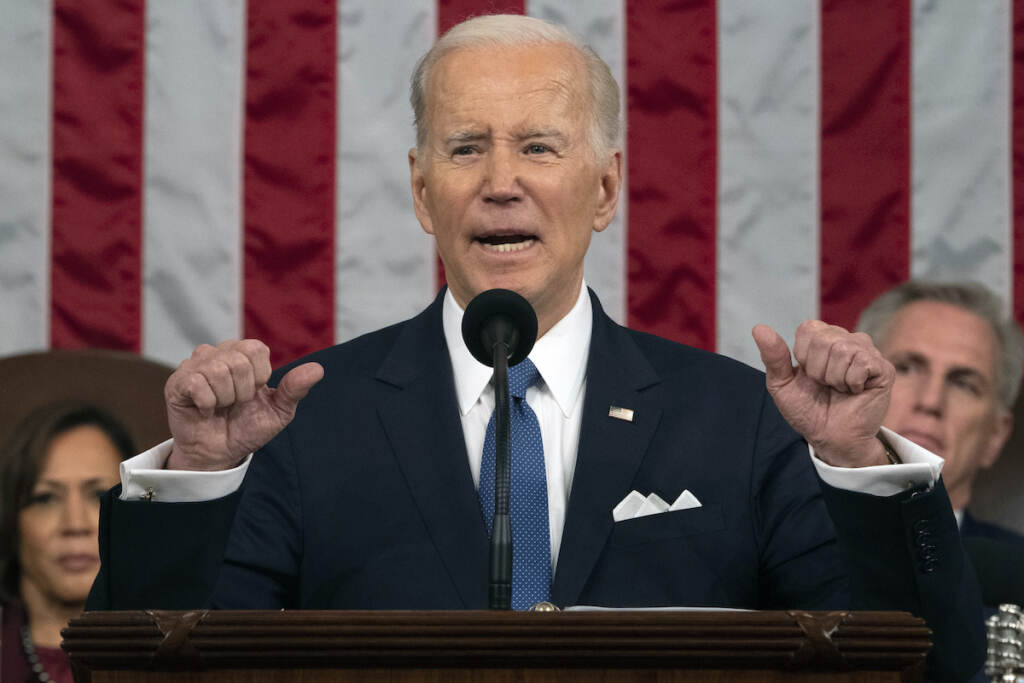 Biden Budget President Joe Biden delivers the State of the Union address to a joint session of Congress at the U.S. Capitol, Feb. 7, 2023, in Washington, as Vice President Kamala Harris and House Speaker Kevin McCarthy of Calif., listen