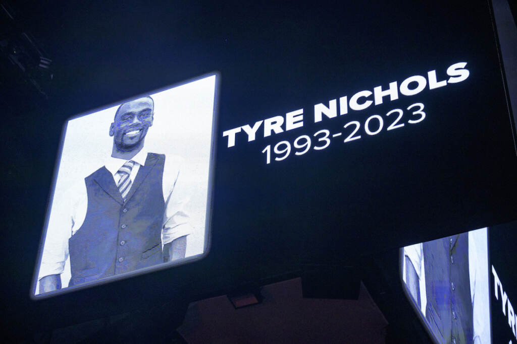 The screen at the Smoothie King Center in New Orleans honors Tyre Nichols before an NBA basketball game between the New Orleans Pelicans and the Washington Wizards, Jan. 28, 2023
